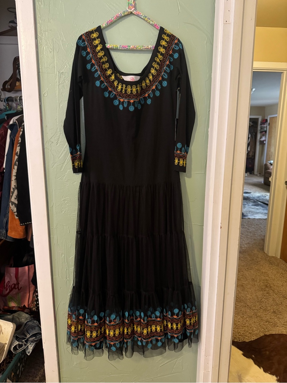 Rojas Black Embroidered Tiered Maxi Dress with Turquoise & Yellow Accents